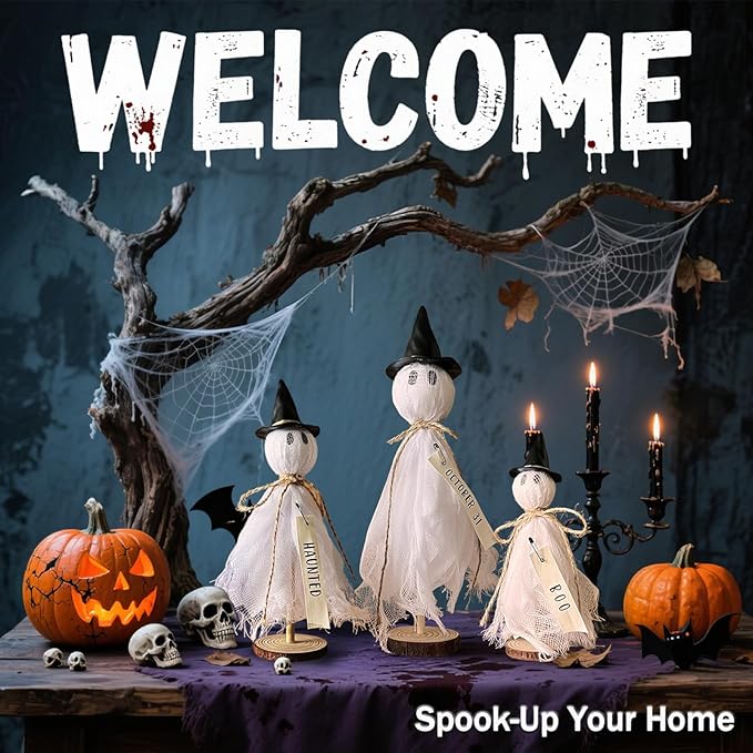 Halloween Decorations Indoor - 3 Set Primitive Halloween Ghosts with Hat, Wooden Stand Ghost Decor for Table Centerpieces, Mantels, Shelves, Vintage Spooky & Festive Party Decor