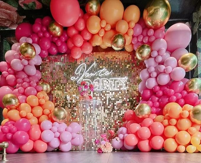 200Pcs Pink and Orange Gold Balloons Garland Arch Kit - Hot Pink Orange Baby Pink Metallic Gold Different Size Balloon for Birthday Baby Shower Wedding Tropical Summer Party Decorations