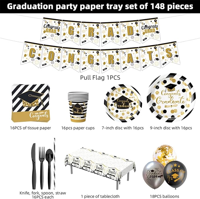 2025 Graduation Party Decor Supplies, 233-Piece Set for Graduation, Includes Disposable Dinnerware Like Plates, Cups, Napkins, Cutlery, Tablecloth, Balloons (Perfect for 25 Guests, Black & Gold Theme)