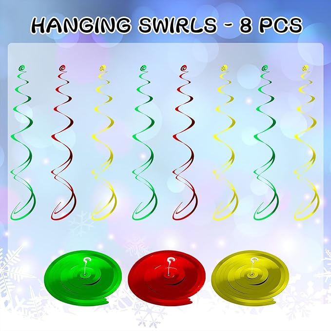YQUQWN 48 Pcs Christmas Hanging Swirl Decorations - Red, Green, Gold Snowflake Elk Balls Swirls for Holiday Parties Christmas Tree Home Office Classroom - Xmas Winter Holiday Ceiling Decor
