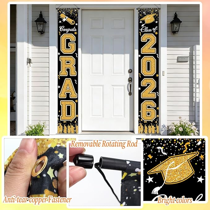 WOHOHOHO 23Pcs Graduation Decorations 2026 Set, Black Gold Porch Door Sign GRAD Banner, Class of 2026 Backdrop, 5 Colors Large Balloons, Party Supplies for High School College Indoor Outdoor Decor