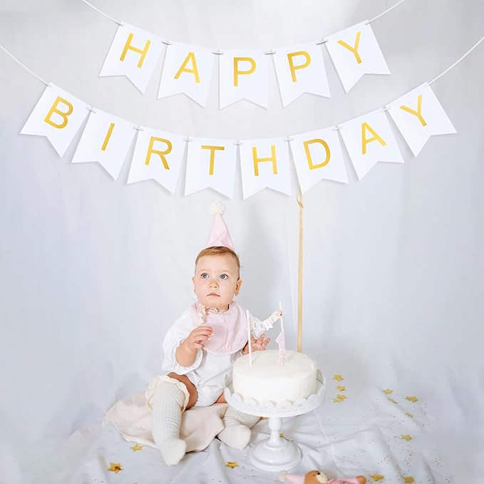 White Happy Birthday Banner - Hanging Backdrop Sign with Gold Letters, Happy Birthday Sign Bunting Decorations for Women men Kids Baby Shower Party Supplies (13pcs)