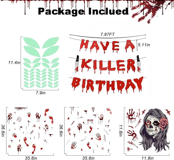 Spooky Party Decorations Set Banner + Night Glow Eye Stickers + Blood Footprint Handprint Floor Clings Decals + Ghost Shadow Toilet Sticker for Halloween Zombie Vampire Party