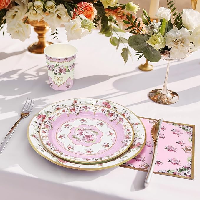 96pcs Tea Party Plates and Napkins Cups Fancy Paper Plates Round Disposable Tableware Set for 24 Guest Gold Border Retro Gorgeous Picnic Wedding Kids Birthday Party Supplies Decorations
