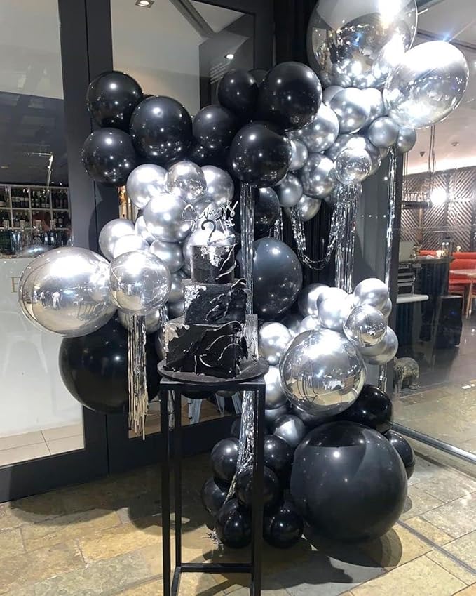 Black and Silver Balloon Arch Kit, 140Pcs Different Sizes inch Black Metallic Silver Balloons and Confetti Party Balloon Garland Kit for Birthday, Wedding, Graduation, Anniversary Decorations