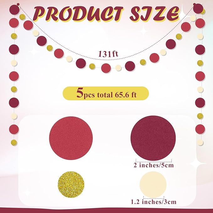Outus 5 Pieces Maroon,Gold Round Dots Garland Easter Graduation Party Hanging Decor Each Length 13.1ft Glitter Paper Dot Streamers for Birthday Wedding Classroom