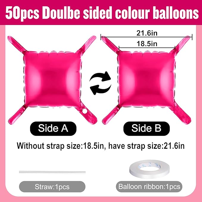 50Pcs Hot Pink Square Foil Balloons Wall Backdrop, Double Sided Metallic Foil Balloons Tunnel Arch Garland Kit for Photo Booth Birthday Wedding Halloween Christmas Party Decorations