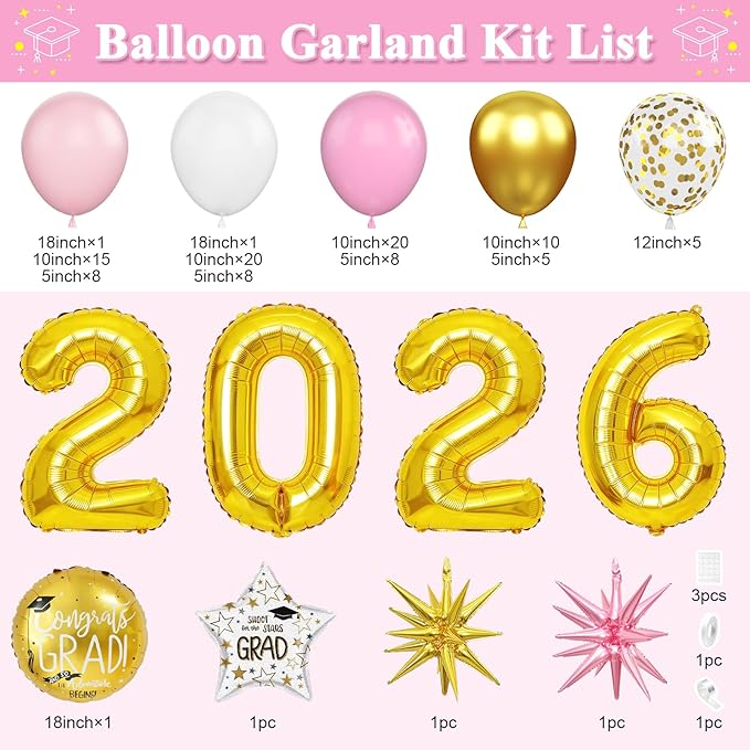 Pink White Gold Balloon Arch Kit, Graduation Balloons Garland, 2026 Graduation Decorations Pink Gold and White Balloons with Foil Star Balloon for Class of 2026 ollege High School Party Decor