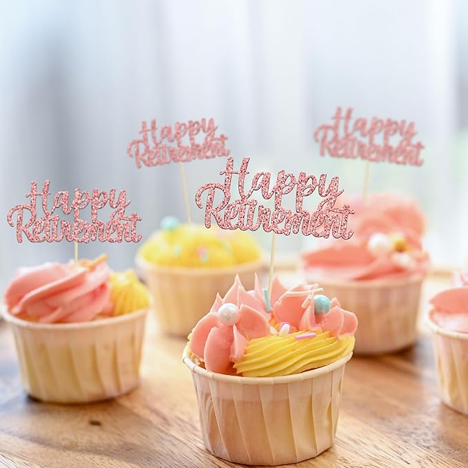 Gyufise 36 Pack Happy Retirement Cupcake Toppers Glitter Retired Cupcake Picks Retirement Theme Birthday Party Cake Decorations Rose Gold