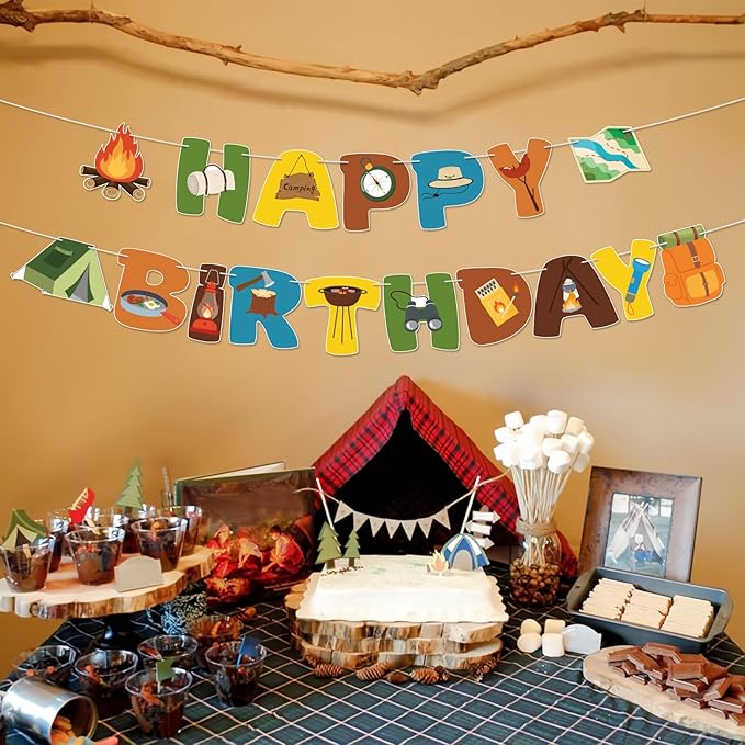 Camping Party Decorations Happy Birthday Banner Camping Party Banner Garland for Birthday Party Decorations Camping Party Supplies