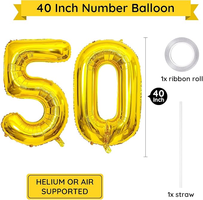 Gold Number 50 Balloon, 40 Inch Large 50 Number Foil Mylar Balloons for 50th Women Men Birthday Party Celebration Decor Supplies,Big Digital Balloons for Wedding Anniversary Events Decor