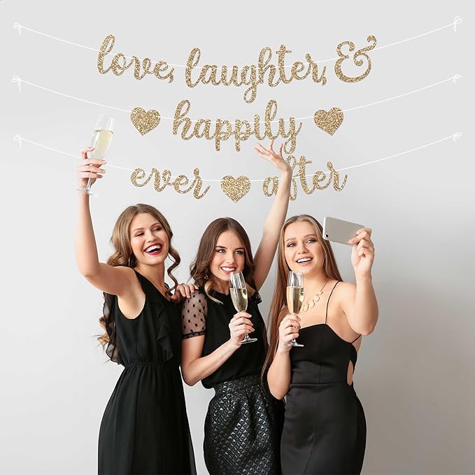 Pre-Strung Love Laughter & Happily Ever After Banner - NO DIY - Gold Glitter Bachelorette Wedding Bridal Party Banner - Pre-Strung Garland on 8 ft Strand - Gold Bachelorette Bridal Engagement Party