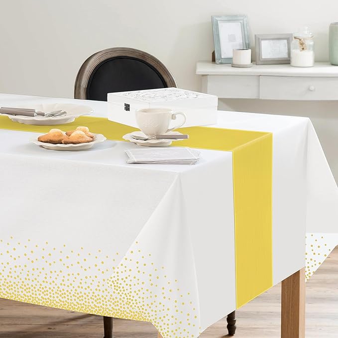 12 Pack White Gold Tablecloth and Table Runner Set Party Decorations, White and Gold Plastic Disposable Tablecloth and Satin Table Runner for Wedding Birthday Party (White and Gold)