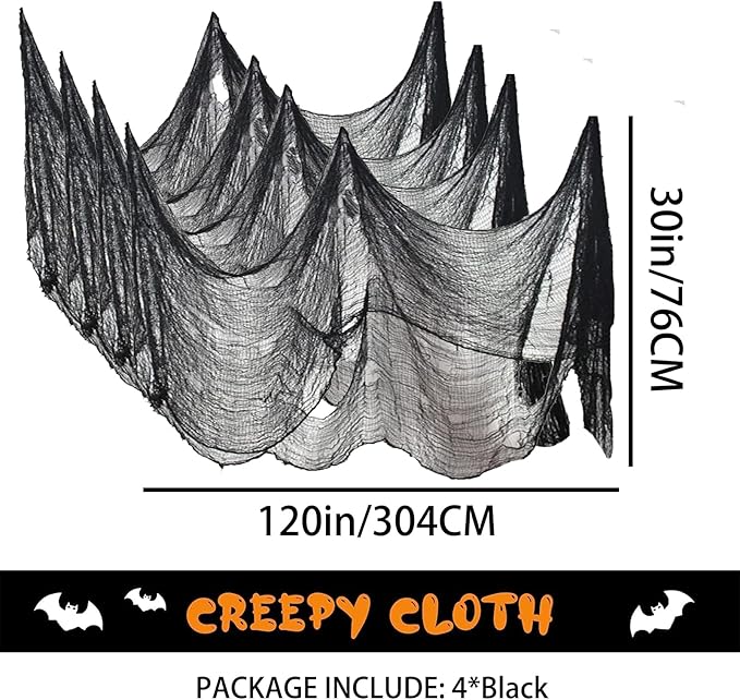 4 Pack Halloween Creepy Cloths, Scary Spooky Cloth Creepy Gauze, 30 x 120inch Freaky Loose Weave Creepy Cloth, Decoration for Haunted Houses Props Halloween Wall Outdoor Indoor Decor (Black)