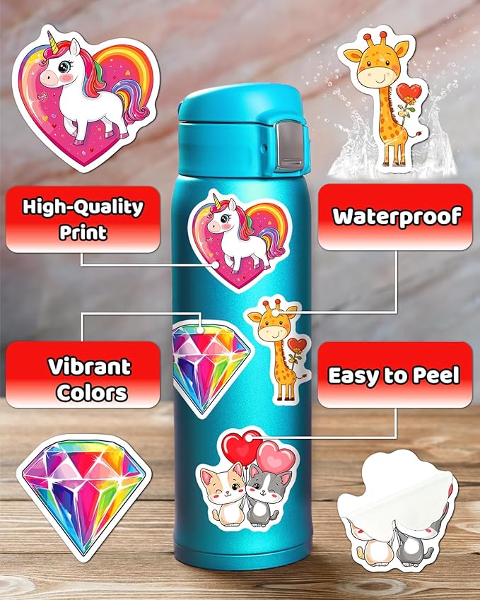 100 PCS Valentines Stickers for Kids, Bulk Heart Stickers for Valentines Day Gifts for Kids Classroom School Exchange, Vinyl Decals, Crafts, Party Favors, Goodie Bags Decorations