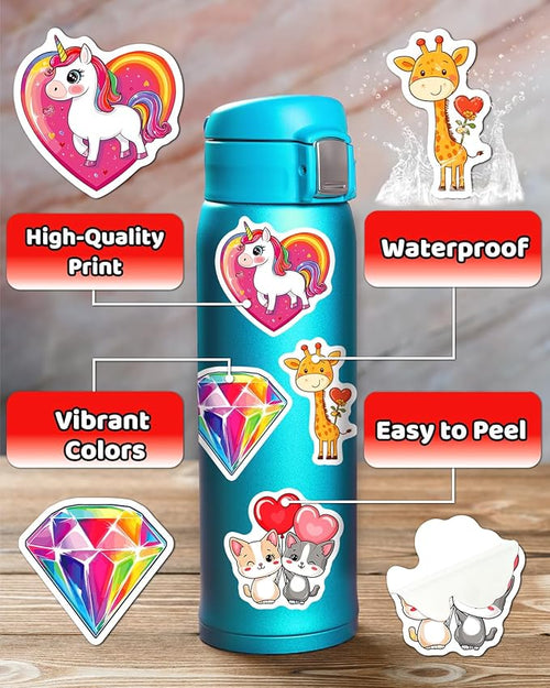 100 PCS Valentines Stickers for Kids, Bulk Heart Stickers for Valentines Day Gifts for Kids Classroom School Exchange, Vinyl Decals, Crafts, Party Favors, Goodie Bags Decorations