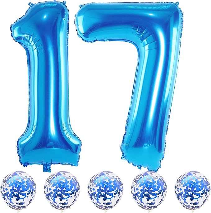 17th Birthday Blue Foil Number 17 Balloons with Confetti, Giant 40 Inch Helium Balloons for Boys, Girls, Men - 17th & 71st Anniversary Party Decorations