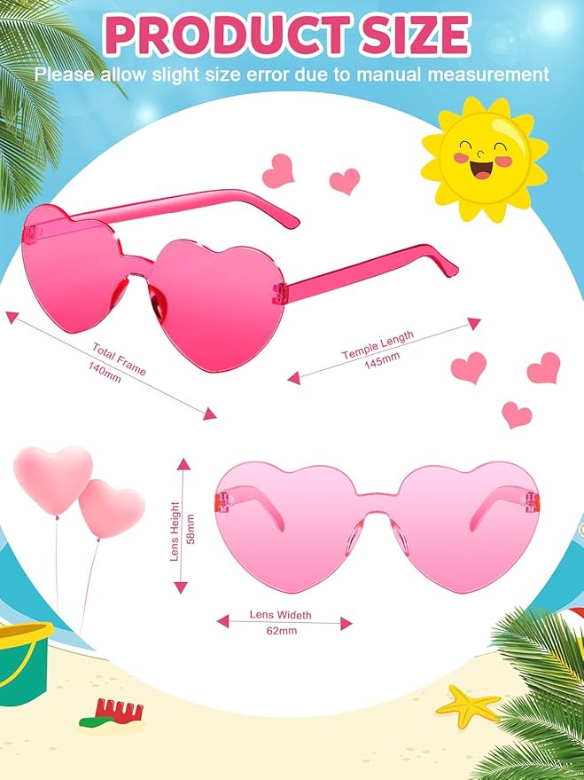 Heart Shaped Sunglasses for Women Colorful Glasses Fun Trendy Transparent Heart Sunglasses Party Favor (2 Pairs-Pink&Rose)
