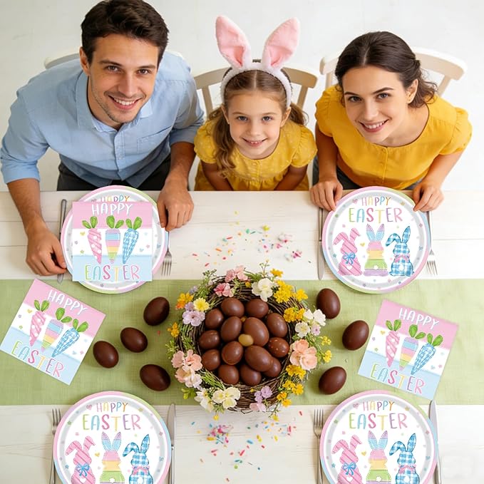 40Pcs Easter Paper Plates and Napkins Party Supplies, Disposable Bunny Plates Carrot Napkins Dinnerware Set for for Spring Easter Holiday Birthday Decorations