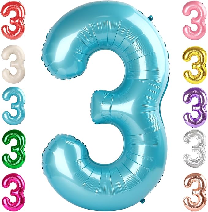 Numbers Balloon 3, 40 Inch Large Pearl Blue Balloon for Three Year Old Birthday Decor, 3 13 30 31 Birthday Party Decorations for Wedding Supplies