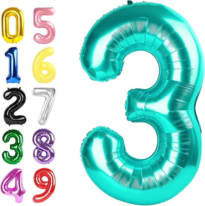 Number 3 Balloon, 40 Inch 3 Balloon for Birthday Party Decoration, Blue-Green Number 3 Ballon for 3, 13, 23, 30 Celebration, Boy and Girl Birthday, Wedding, Anniversary Decor