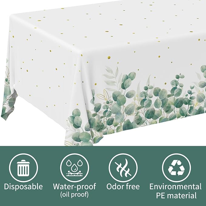 Gatherfun Sage Greenery Baby Shower Disposable Tablecloth, Plastic Table Cover for Baby Shower Party,Boho Greency 3 PCS, 54”x 108”