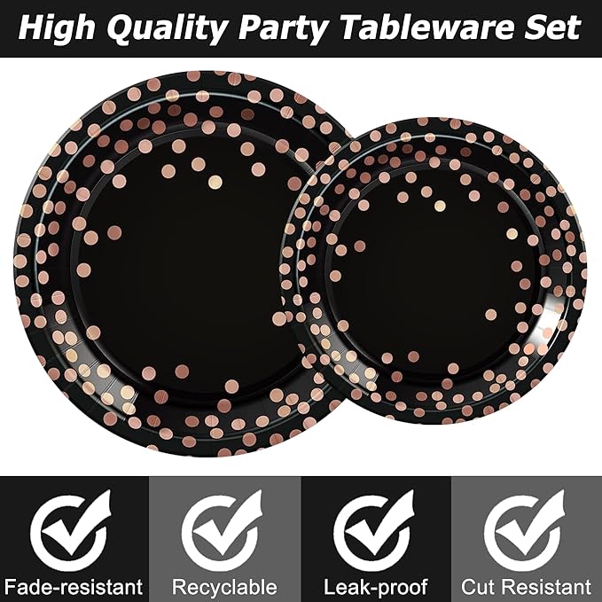 175 Pcs Black and Rose Gold Party Supplies, Disposable Party Dinnerware Gold Plastic Forks Knives Spoons Black Rose Golden Dot Plates Cups Napkins for Birthday Wedding Serves 25