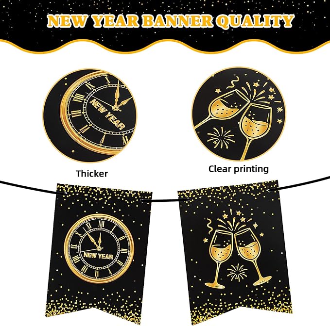 Happy New Year Decorations 2026 - Black Gold New Year Party Banner - Reusable New Years Eve Party Supplies 2026 (Style A)