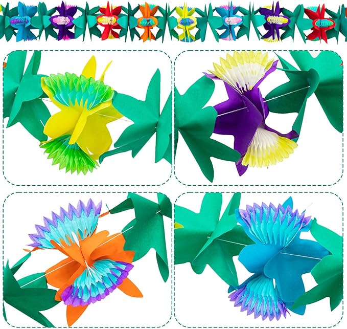 12Pcs Tropical Flower Garlands, Colorful Luau Flower Garlands, 118 Feet Length Paper Flowers Garland Decorations for Hawaiian Beach Party Birthday Baby Party Wedding