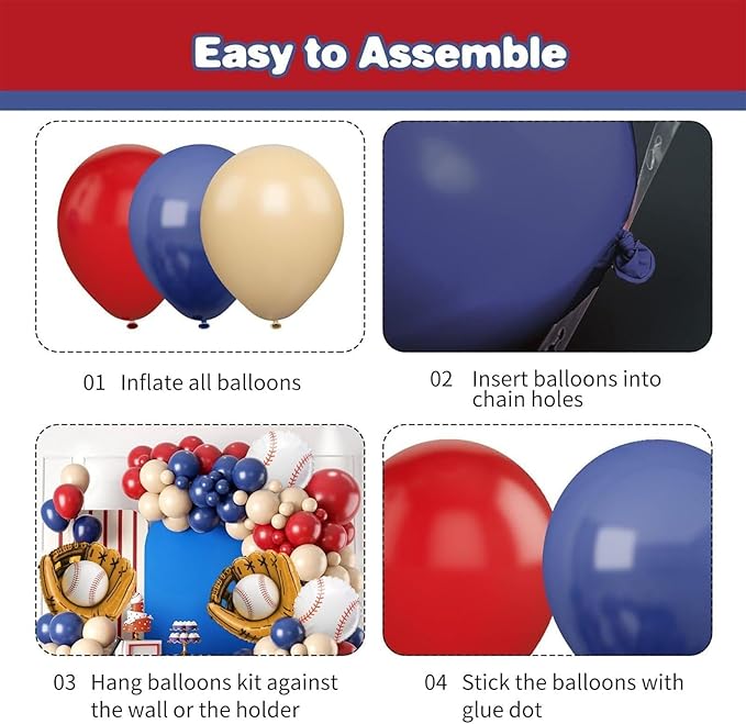 Baseball Birthday Party Decorations, Navy Blue Red Nude Balloon Arch with Baseball Glove Foil Balloons for Boys Girls Summer Birthdays Party Baseball Themed Party Decorations