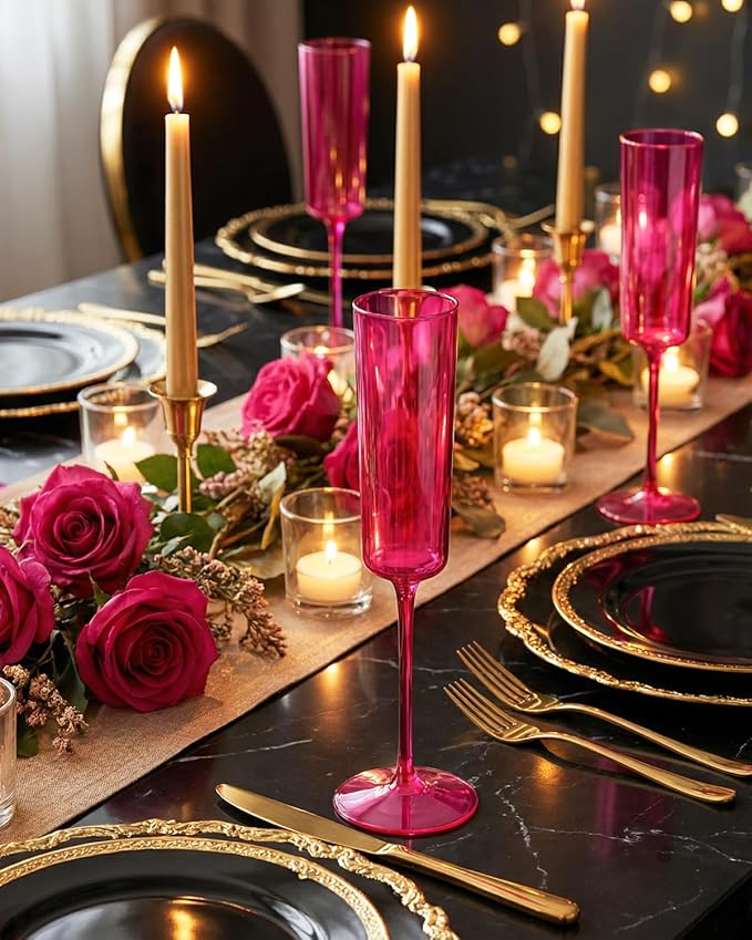 Ciaell 24 Pack Plastic Champagne Flutes - Hot Pink 6 Oz Disposable Champagne Glasses - Square Plastic Toasting Glasses for Party Birthday Anniversary Wedding & Easter