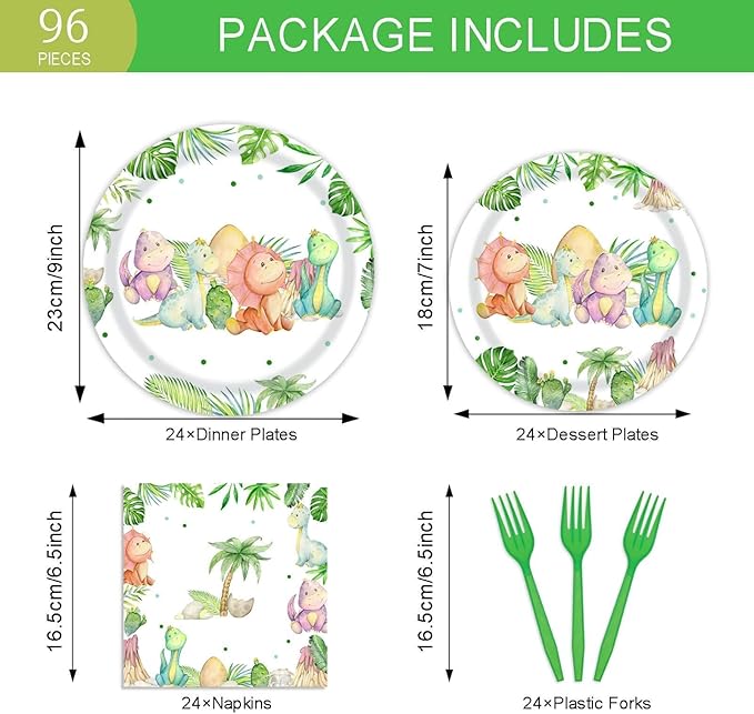 96 Pieces Dinosaur Birthday Party Decorations Supplies Dinosaur Baby Shower Party Tableware Set Watercolor Dino Baby Shower Birthday Party Dessert Plates Napkins Forks for 24 Guests