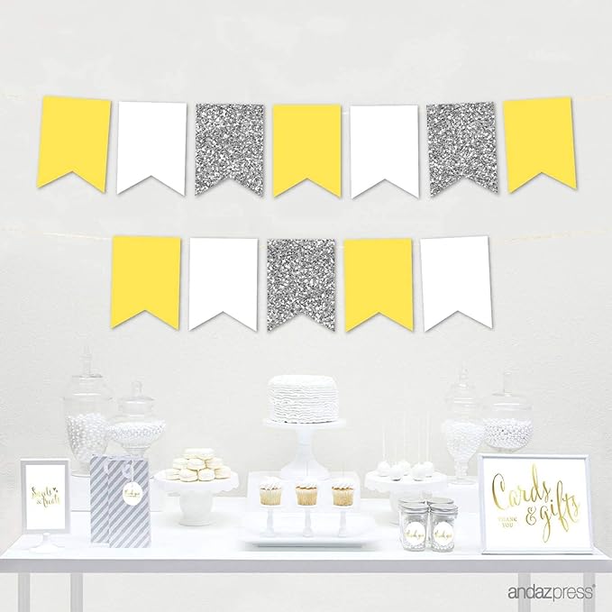 Andaz Press Hanging Pennant Banner with String, Yellow, White, Faux Silver Glitter, 1-Set, 24 Pennants, Approx. 12-Feet Long, Neutral Elephant Baby Shower Theme Supplies