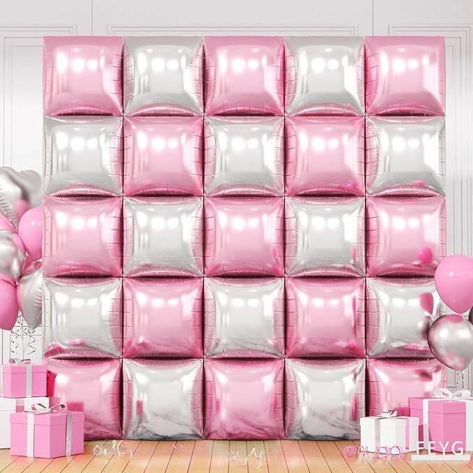 Pearl Pink and Silver Double Sided Square Foil Balloons Wall,19 Inches Pink Metallic Foil Balloons Tunnel Arch Kit for Girls Bachelorette,Wedding,Anniversary,Birthday,Valentines Day Decoration