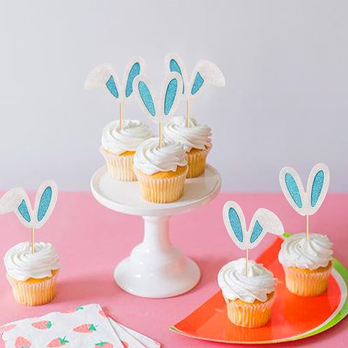Ercadio 24 Pack Easter Bunny Ear Cupcake Toppers Glitter Blue White Rabbit Ears Cupcake Picks Easter Bunny Cupcake Toppers Rabbit Cake Toppers for Kids Boys Birthday Baby Shower Party Supplies
