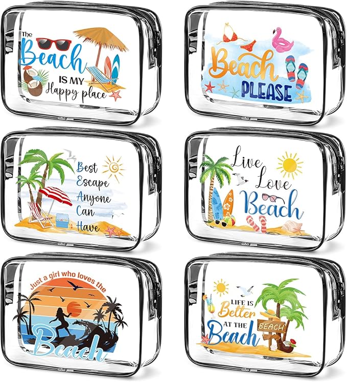 Clear Makeup Bags Gifts - 6 pcs Beach Cosmetic Bags Gifts for Women Teacher Dancer Nurse Friends Summer Beach Vacation Essentials Waterproof Travel Toiletry Organizer Foldable Zipper Pouches