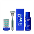 Harry's Plus Starter` Shaving Kit for Men - Premium Handle, 5 Razor Blade Cartridges, Foaming Shave Gel, and Travel Blade Cover - Advanced Pivoting System - Moss