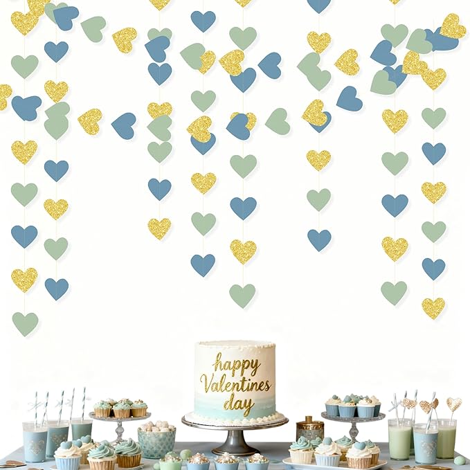Sage Green Dusty Blue Gold Heart Party Decorations Gold Glitter Paper Dusty Green Blue Love Heart Hanging Garland Streamer Banner for Silly Goose Birthday Baby Shower Valentines Day Anniversary Party