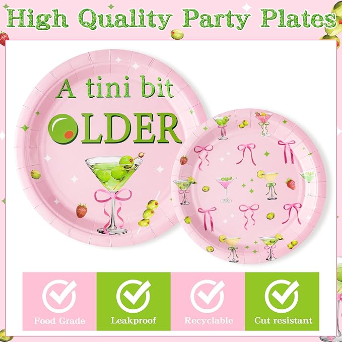 Pink Olive Martini Bow A Tini Bit Older Espresso Cocktail Party Plates Supplies - Serves 24-96Pcs Party Tableware Decoration Disposable Paper Plate Napkin Fork for Birthday Bar Bachelorette