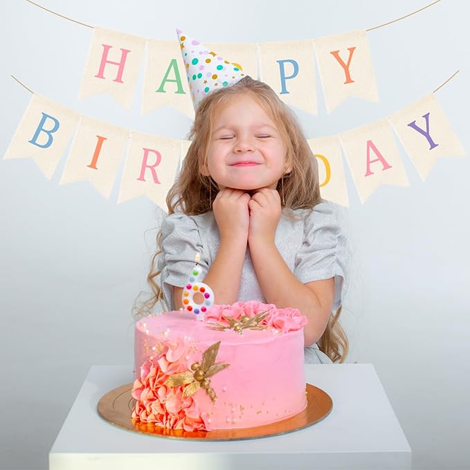 Doumeny Happy Birthday Burlap Banner Boho Birthday Bunting Garland Pastel Bohemian Sign Party Banner White Hanging Garland Rainbow Birthday Bunting Falg for Home Mantel Fireplace Nursery Backdrop