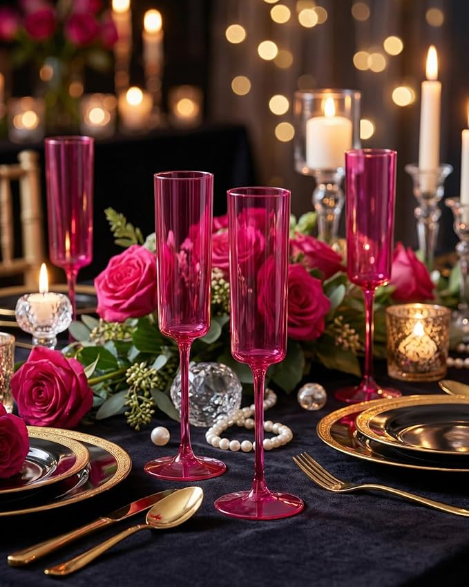 Ciaell 24 Pack Plastic Champagne Flutes - Hot Pink 6 Oz Disposable Champagne Glasses - Square Plastic Toasting Glasses for Party Birthday Anniversary Wedding & Easter