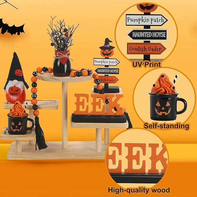 Halloween Decorations 6PCS Tiered Tray Decor, Cute Tabletop Halloween Decor for Home Tray Shelf Fireplace Mantel Office Desk Table Centerpieces Farmhouse Rustic Spooky Wood Signs
