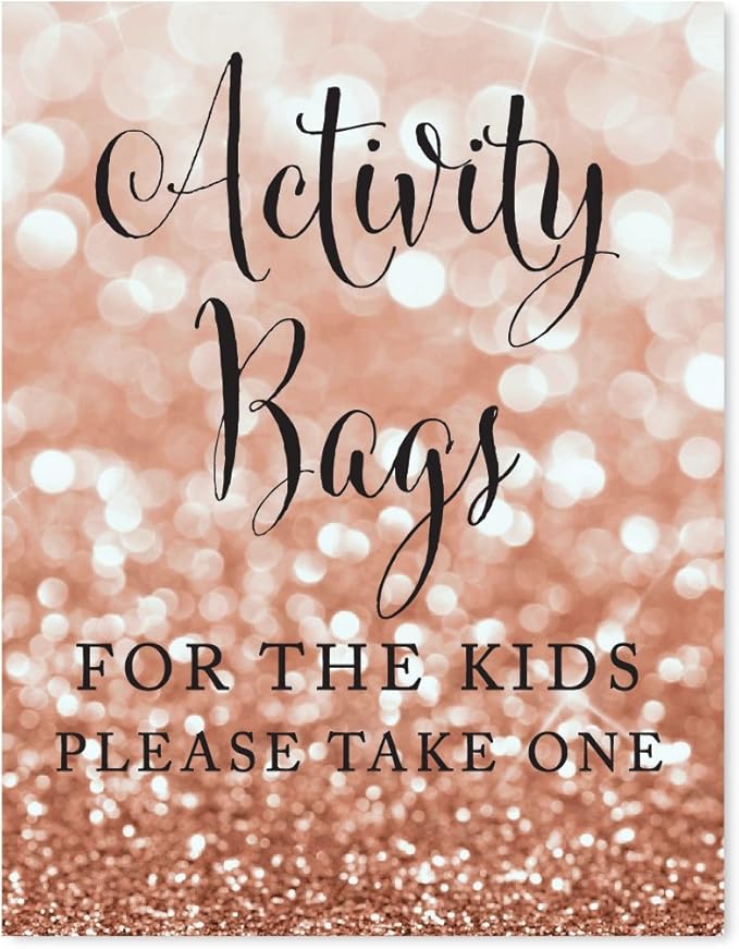 Andaz Press Wedding Party Signs, Glitzy Rose Gold Glitter, 8.5x11-inch, Activity Bags for the Kids Please Take One, 1-Pack, Bokeh Colored Party Supplies