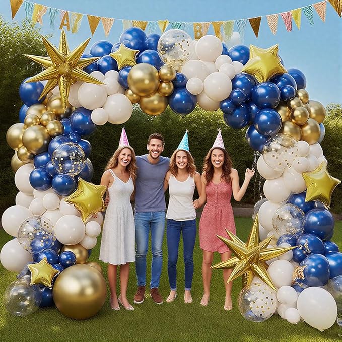 Navy Blue Gold Sand white Balloon Garland Arch Kit, Royal Blue White Metallic Gold Confetti Mixed Sizes Balloons for Anniversary Baby Shower Wedding Birthday Party Decorations