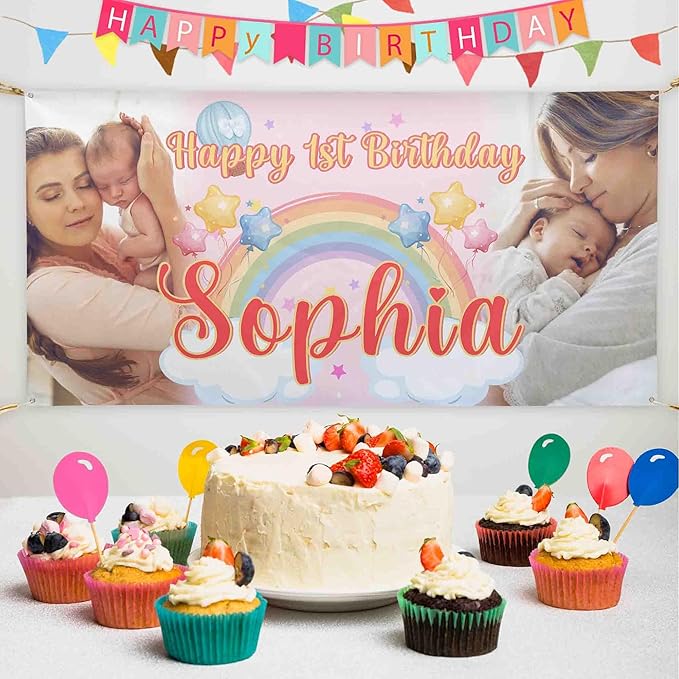 Custom Happy Birthday Banner Personalized Banners and Signs with Photo Name for Women Men Kids Party Decorations Supplies Indoor Outdoor Birthday Gifts Style 24
