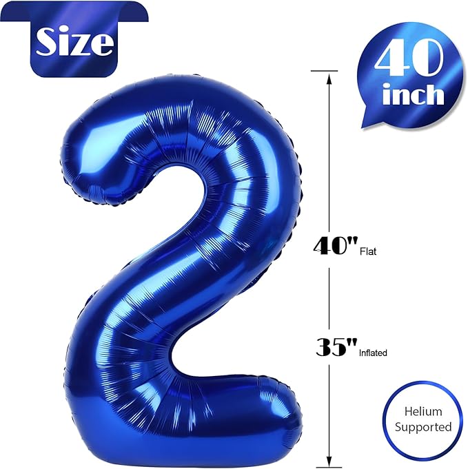 Night Blue Number 2 Balloon 40 Inch, 2 Balloon Number, 2nd Birthday Decorations for Baby Girls Boys Toddlers