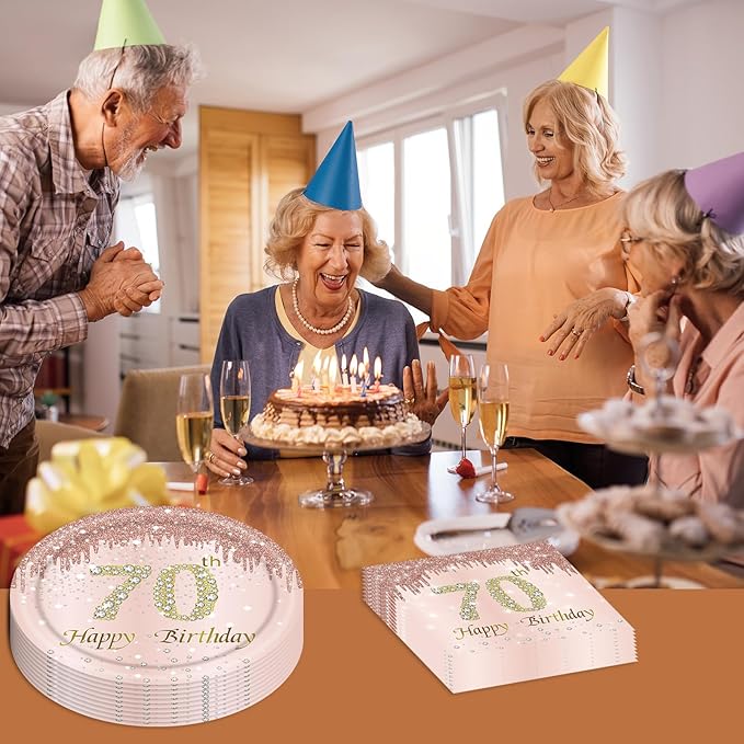 70th Rose Gold Birthday Plates and Napkins, 9 Inch Pink Rose Gold Disposable Dinner Dessert Plates Happy 70th Birthday Party Supplies Decorations for Girls Women