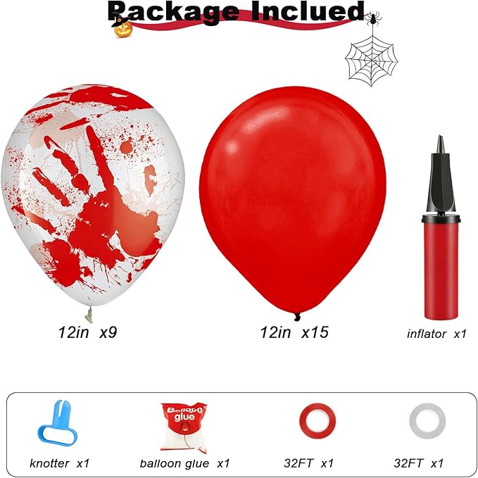Leesoot 24pcs 12inch Red + Blood Handprints Scary Latex Balloons Thrilling Clear with Red Horror Design for Halloween Bloody Party Spooky Party Terror Decoration Zombie Vampire Party With Tools