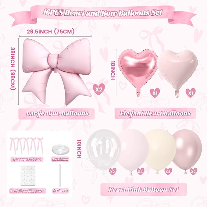 16Pcs Pink Heart Balloons, 38 Inch Bow Balloons, Double Stuffed Pearl Pink Clear Balloon and Bow Heart Shaped Foil Balloon for Girls Birthday Wedding Bridal Baby Shower Valentines Day Decorations