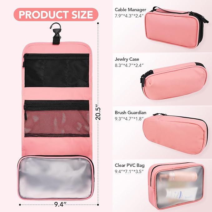 Travel Toiletry Bag Set for Women, Compact Size 5-Piece Hanging Organizer Kit with TSA Approved Cosmetic Bag, Jewelry Case & Cable Pouch, Waterproof Makeup Bag for Travel Essentials- Pink